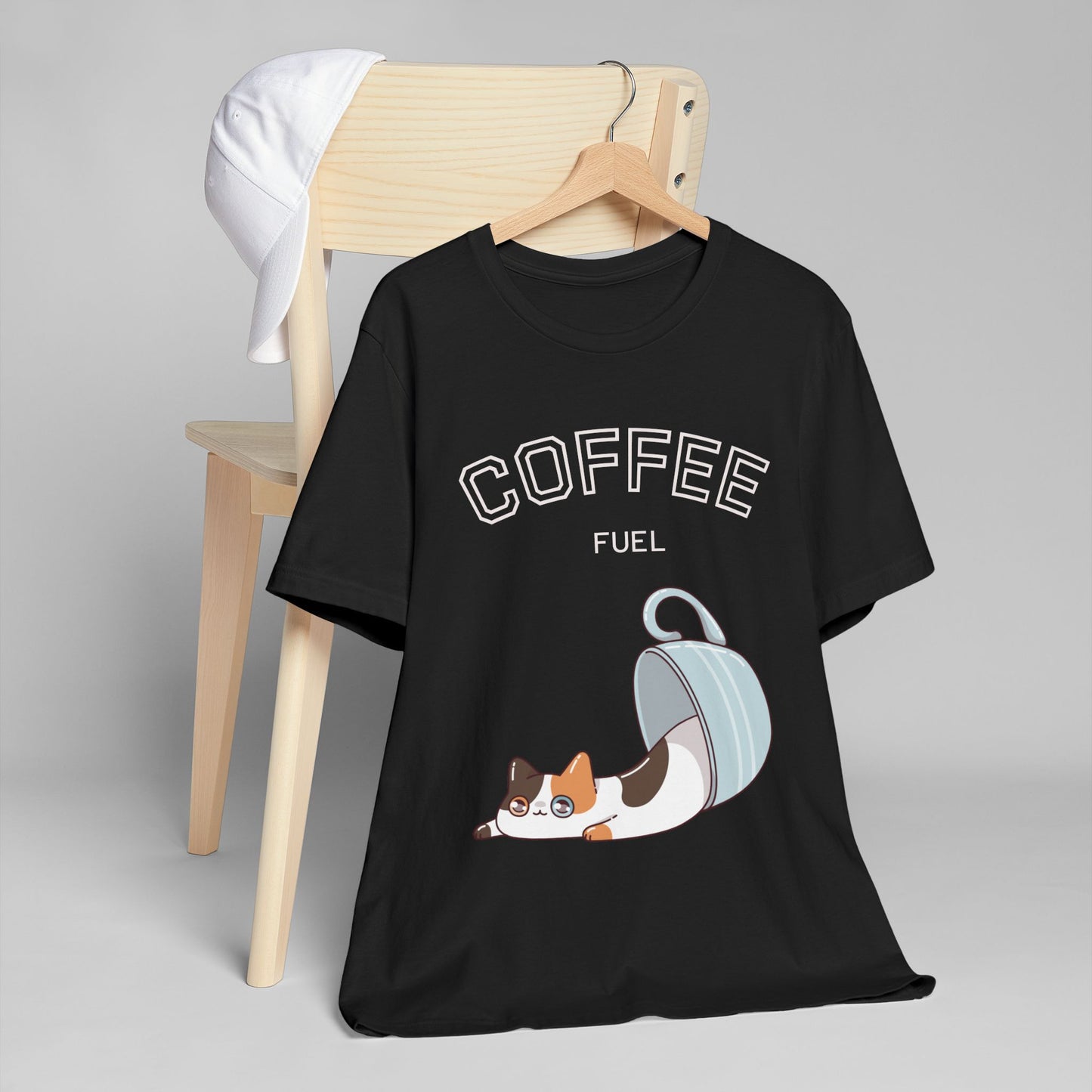 Coffee Fuel Cat T-Shirt – Cute Coffee Cup Kitty Graphic Tee for Coffee Lovers (USA Only)