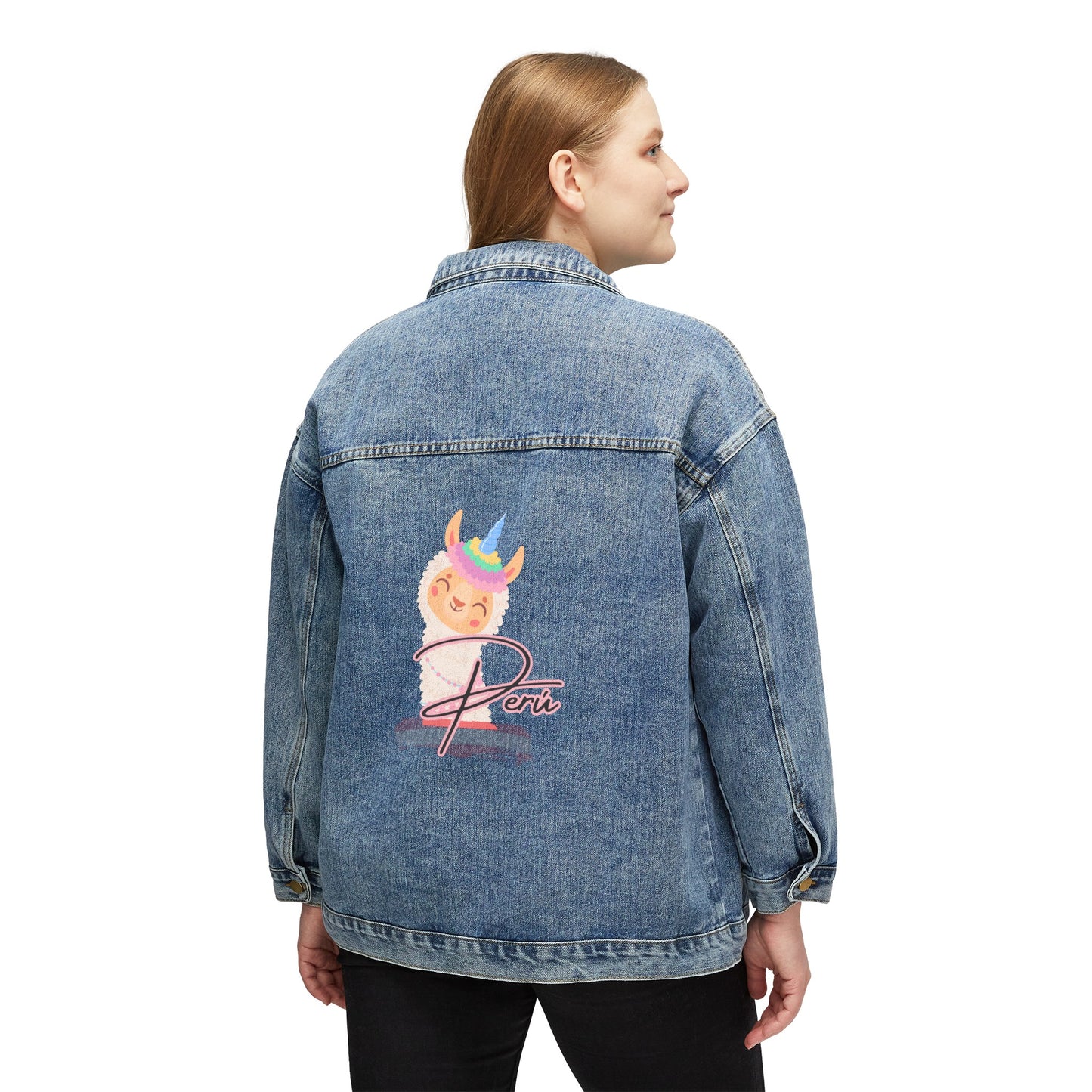 Peruvian Women's Denim Jacket "Llama Rainbow"