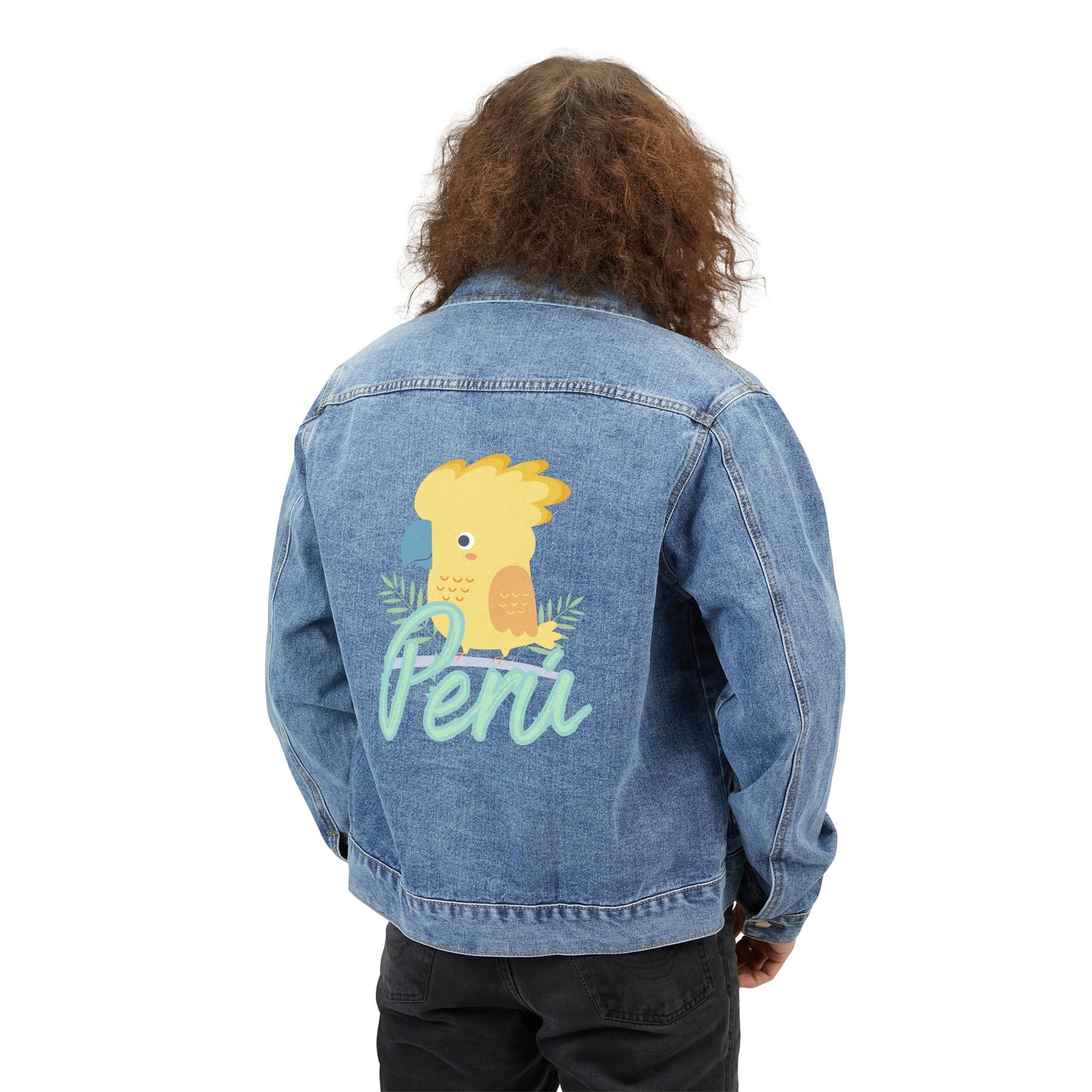 Peruvian Inspired Men's Denim Jacket "Peru Gallito de las Rocas"