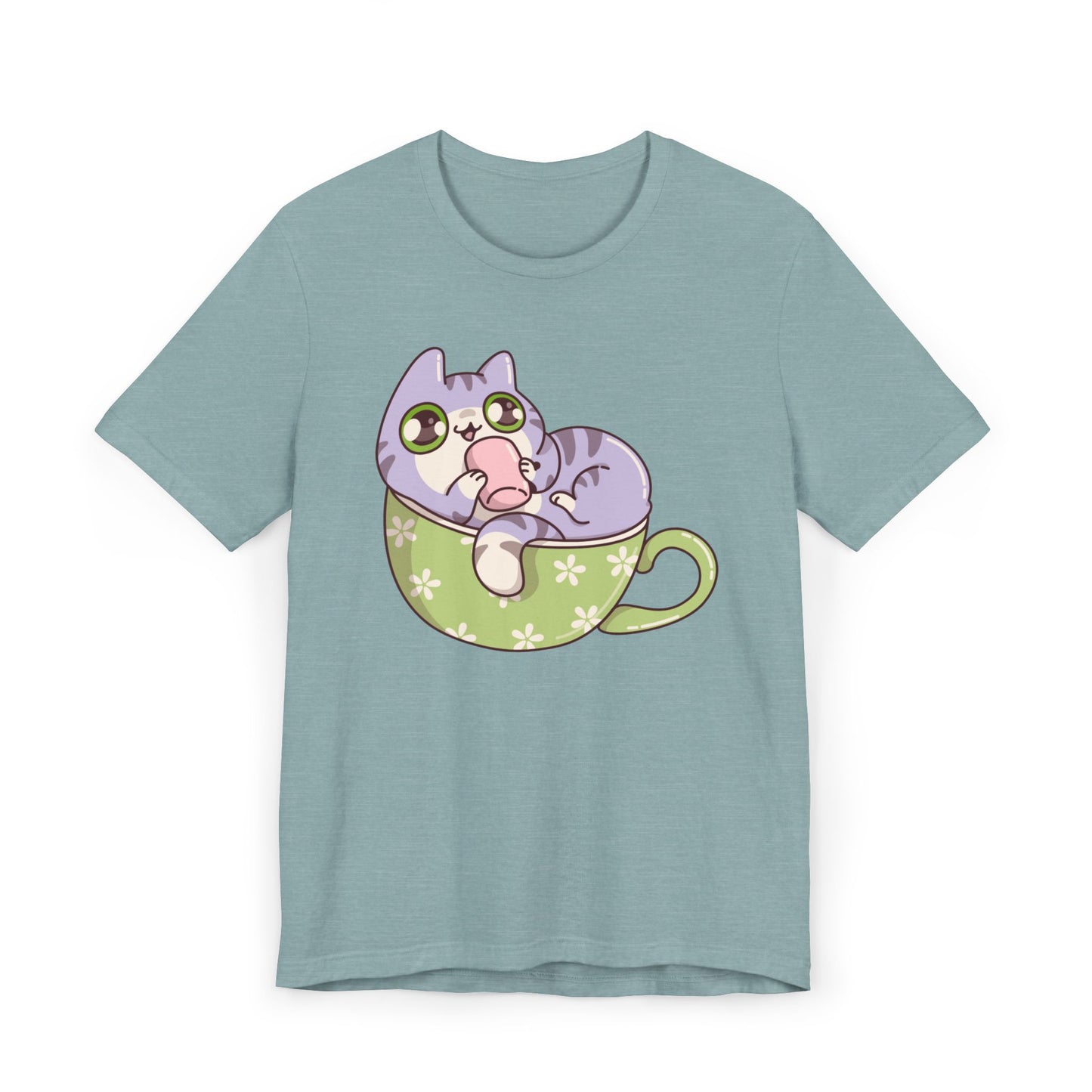 Cat in a Teacup T-Shirt – Cute Cartoon Kitty Coffee Cup Graphic Tee for Cat & Coffee Lovers (USA Only)
