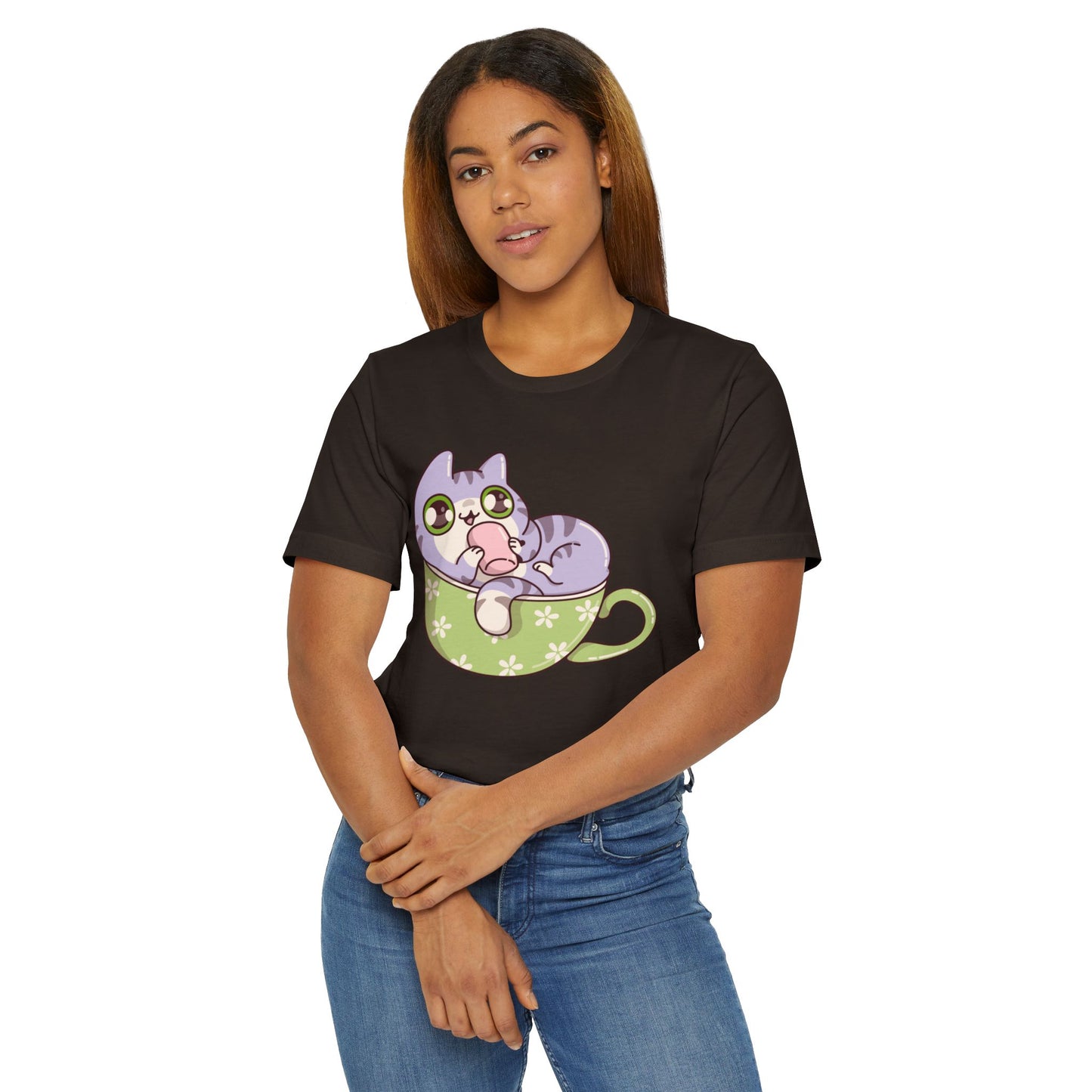Cat in a Teacup T-Shirt – Cute Cartoon Kitty Coffee Cup Graphic Tee for Cat & Coffee Lovers (USA Only)