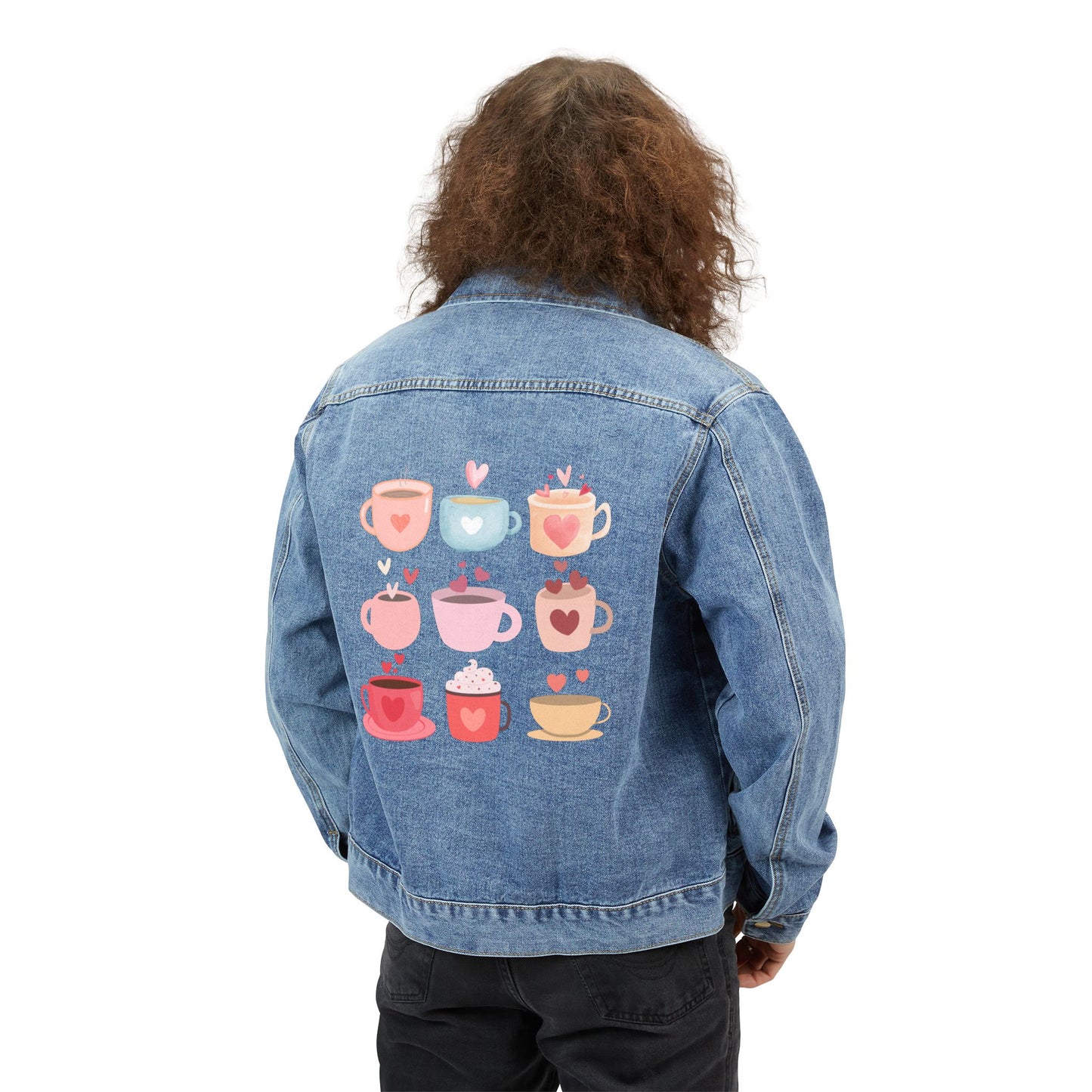 Best Men's Denim Coffee Jacket "Coffee Mugs Hearts"