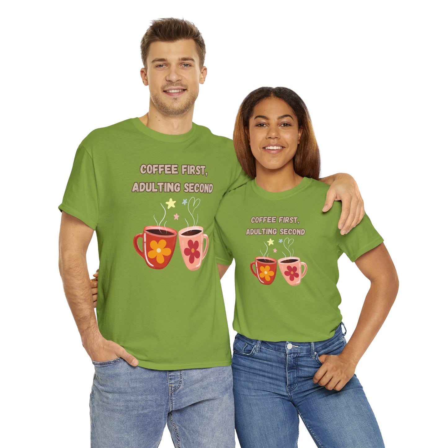 Best Unisex Coffee T-Shirt "Coffee first, adulting second"