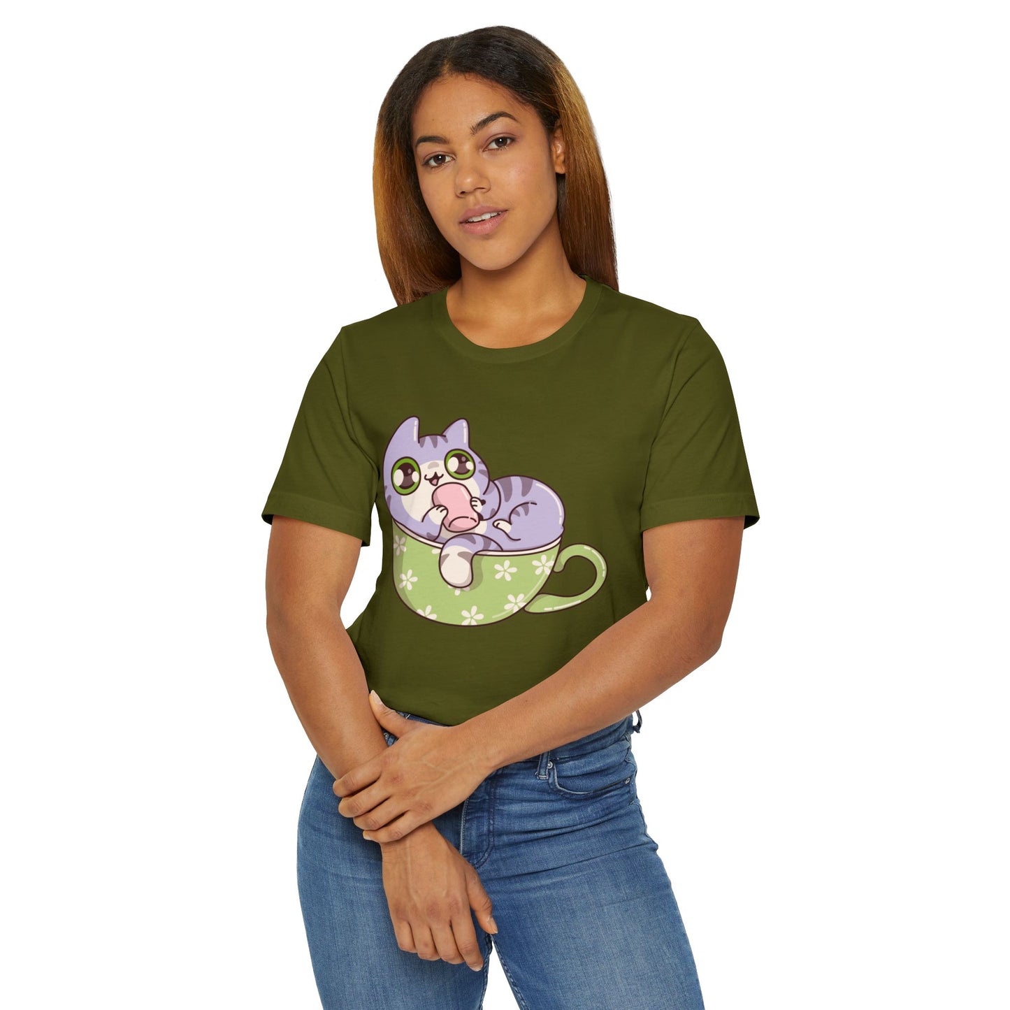 Cat in a Teacup T-Shirt – Cute Cartoon Kitty Coffee Cup Graphic Tee for Cat & Coffee Lovers (USA Only)