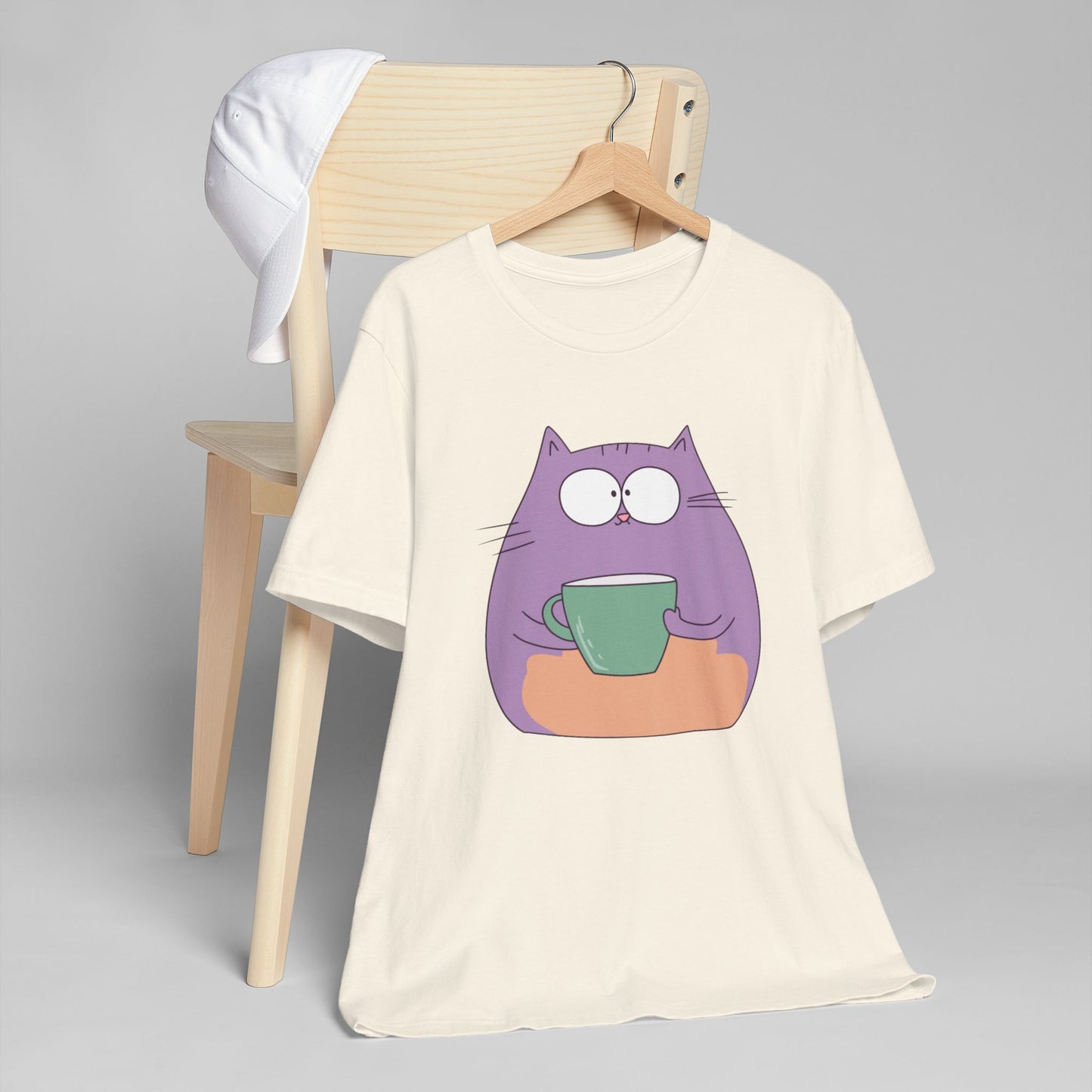 Purple Coffee Cat T-Shirt – Funny Cartoon Kitty with Coffee Mug Graphic Tee for Coffee Lovers (USA Only)