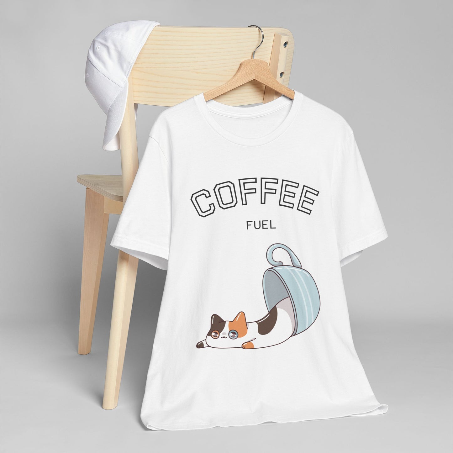 Coffee Fuel Cat T-Shirt – Cute Coffee Cup Kitty Graphic Tee for Coffee Lovers (USA Only)