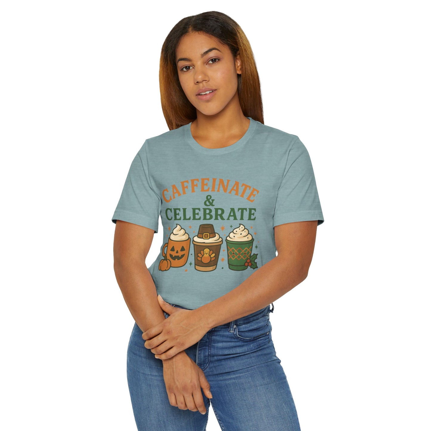 🎃🦃🎄 Caffeinate & Celebrate Unisex T-Shirt USA | Holiday Coffee Tee