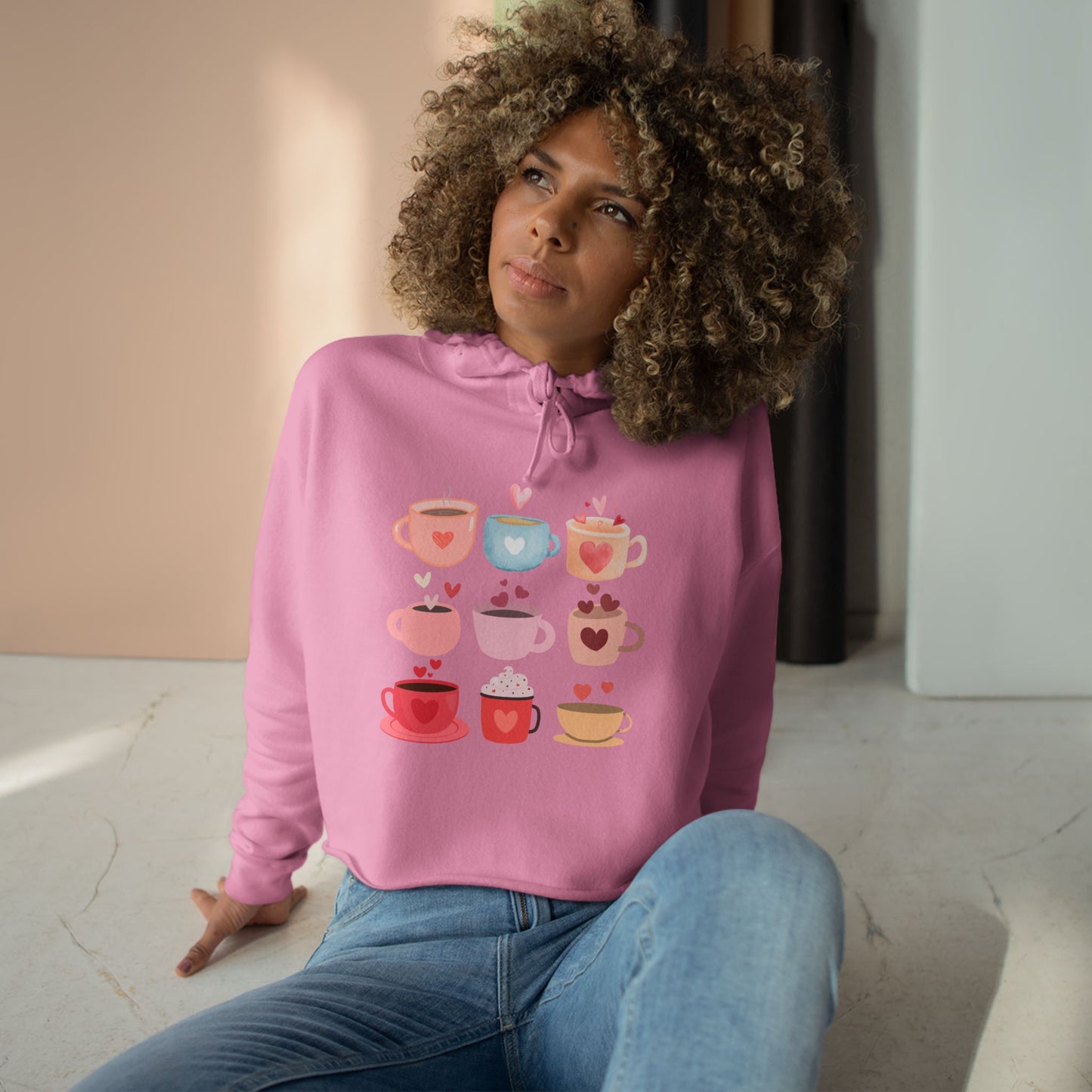 Best Coffee Cropped Hoodie "Coffee Mugs Hearts"