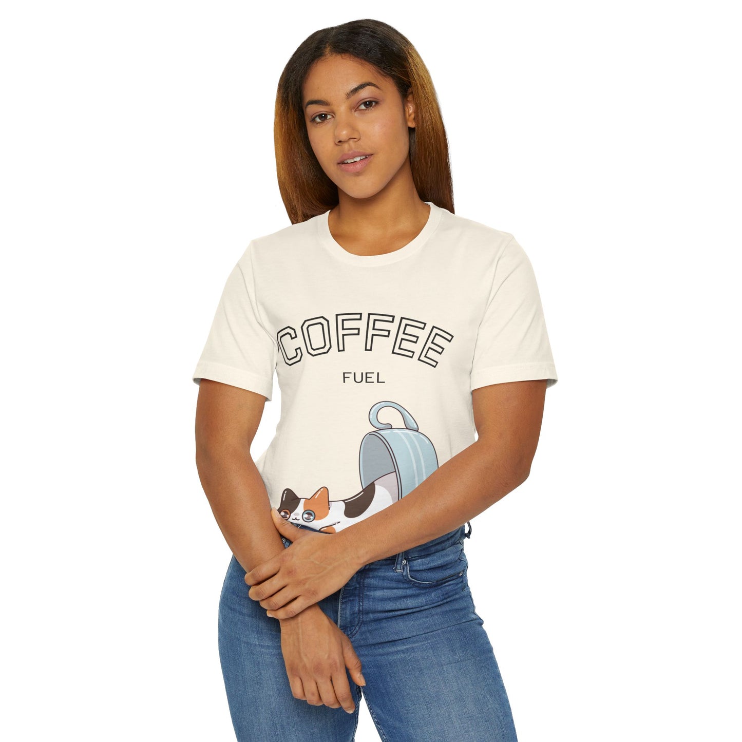 Coffee Fuel Cat T-Shirt – Cute Coffee Cup Kitty Graphic Tee for Coffee Lovers (USA Only)