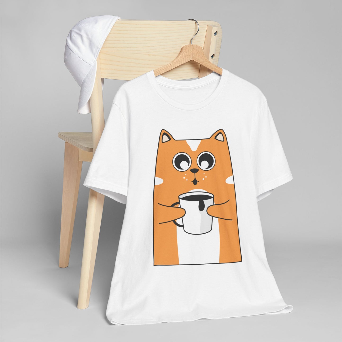Coffee Cat T-Shirt – Cute Cartoon Cat with Coffee Cup Graphic Tee for Coffee Lovers (USA Only)
