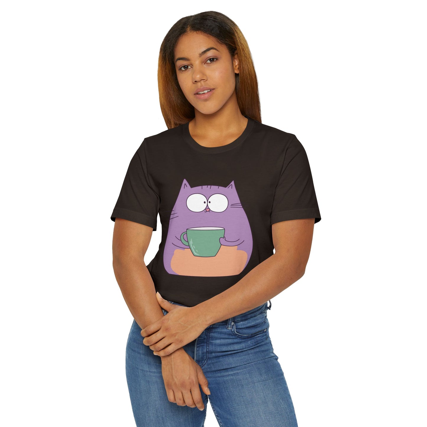 Purple Coffee Cat T-Shirt – Funny Cartoon Kitty with Coffee Mug Graphic Tee for Coffee Lovers (USA Only)