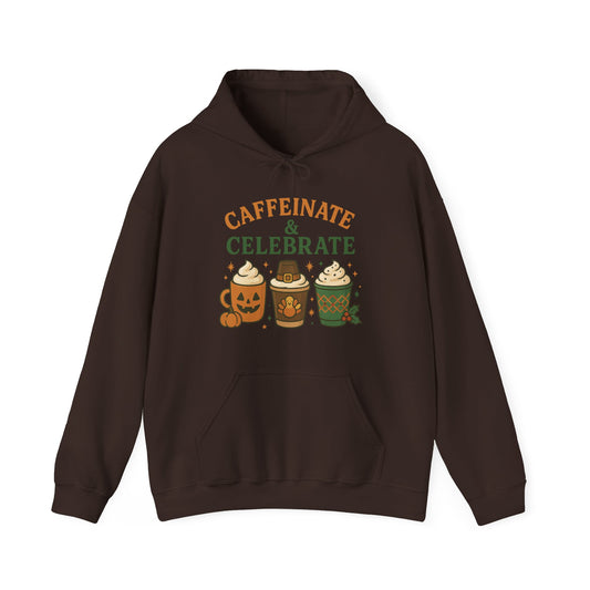 Caffeinate & Celebrate Hoodie USA 🎃🦃🎄 – Unisex Holiday Coffee Hoodie