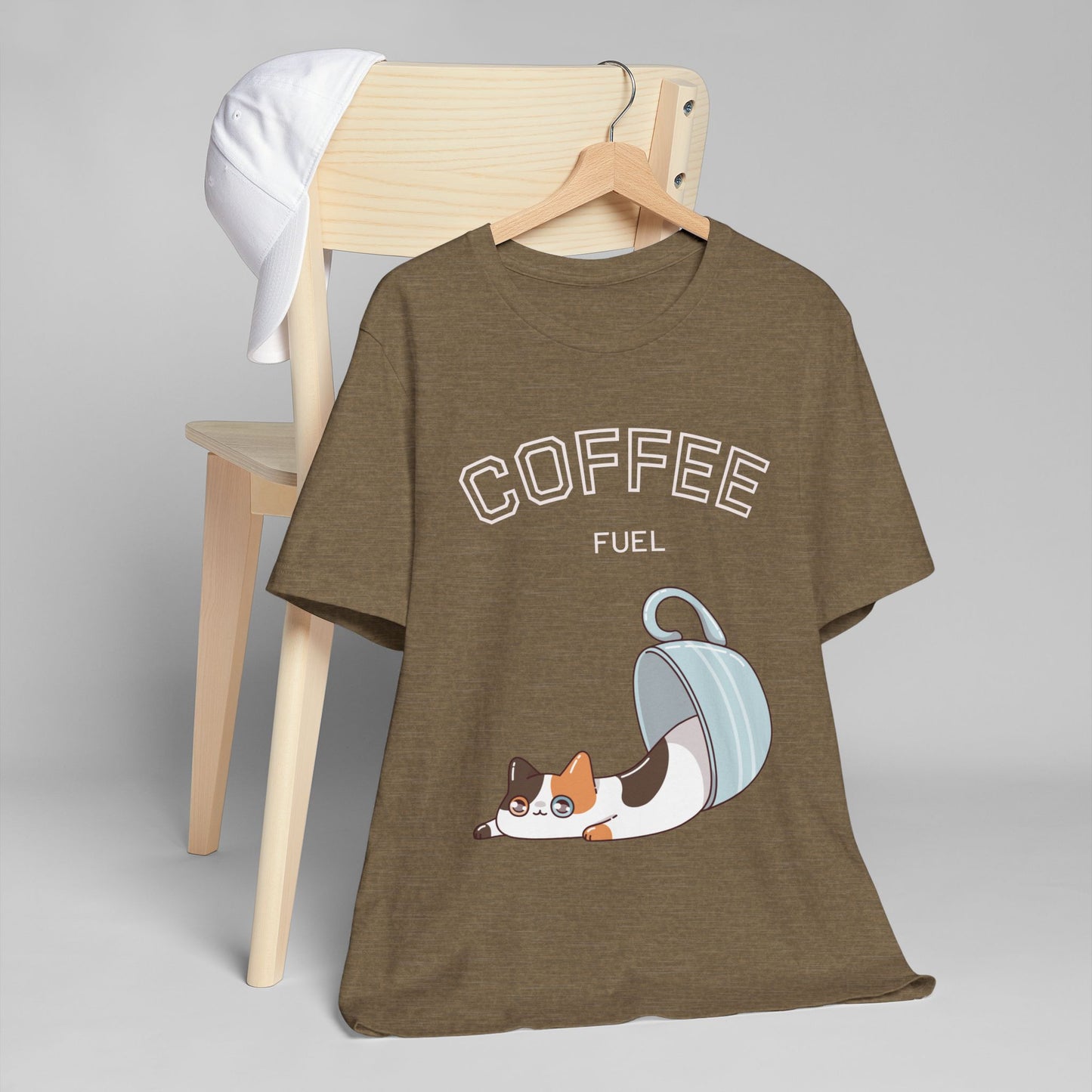 Coffee Fuel Cat T-Shirt – Cute Coffee Cup Kitty Graphic Tee for Coffee Lovers (USA Only)