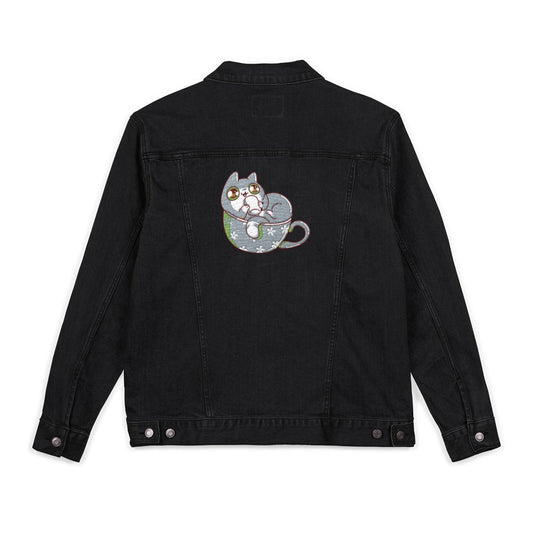 Cozy Cat Coffee Denim Jacket – Unisex Embroidered Style (USA Only)