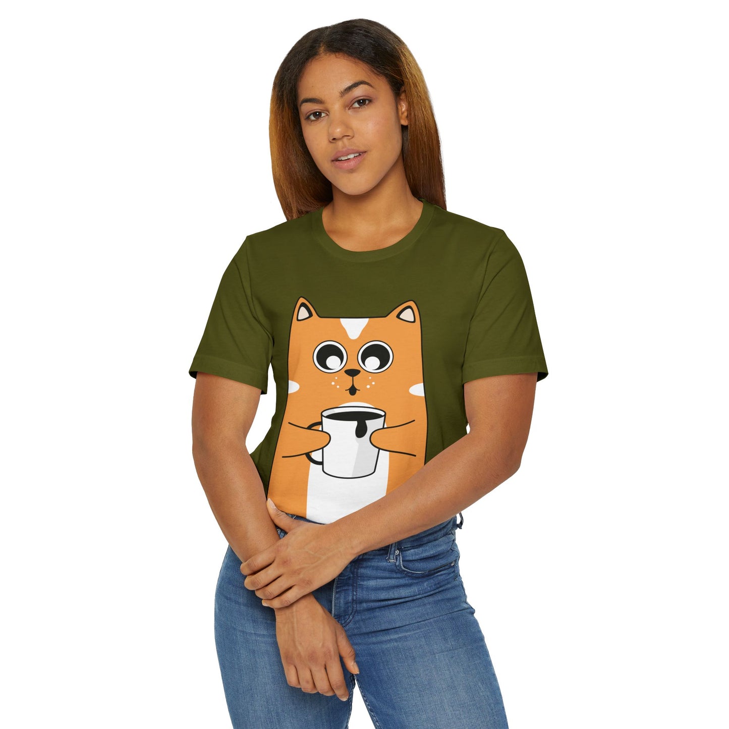Coffee Cat T-Shirt – Cute Cartoon Cat with Coffee Cup Graphic Tee for Coffee Lovers (USA Only)