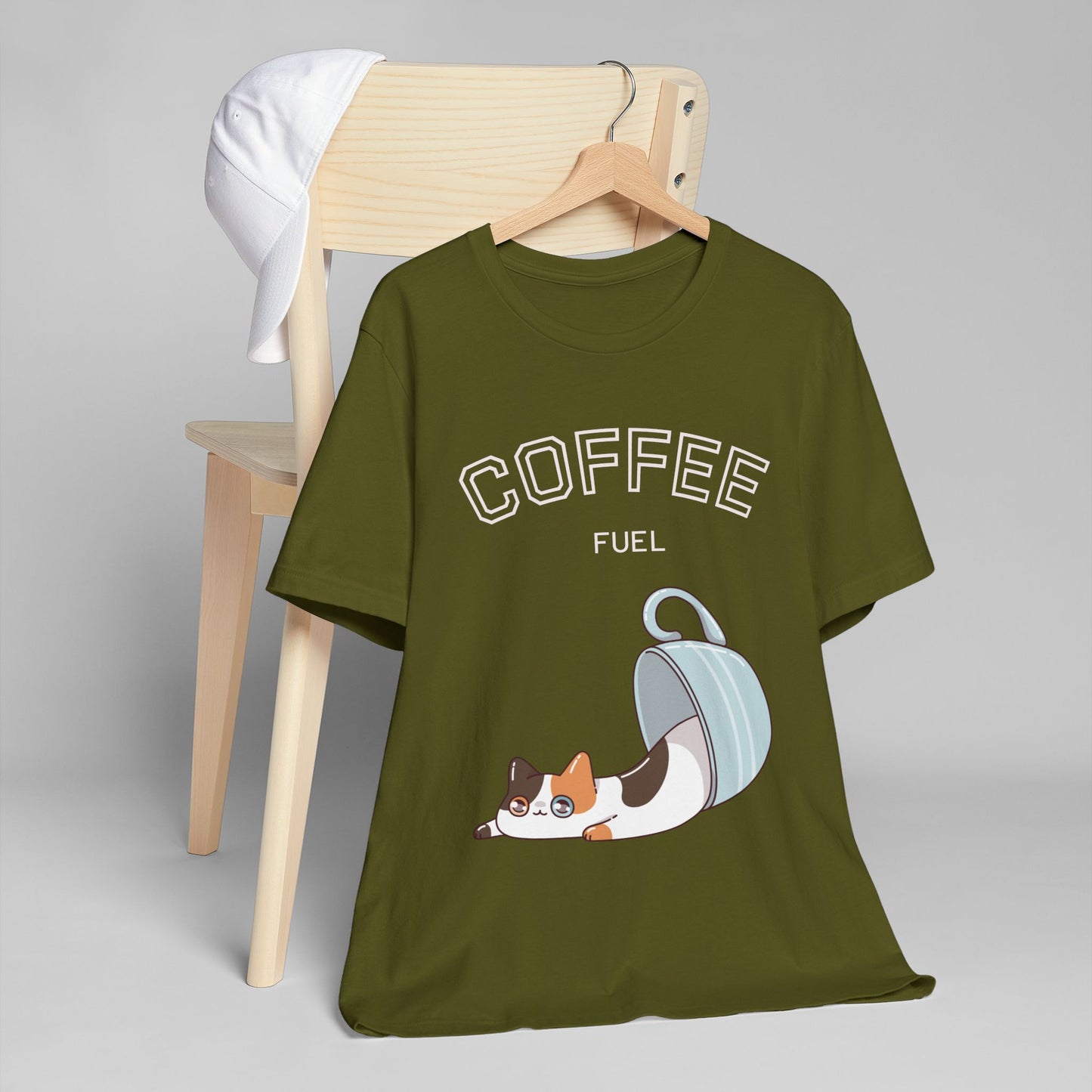 Coffee Fuel Cat T-Shirt – Cute Coffee Cup Kitty Graphic Tee for Coffee Lovers (USA Only)