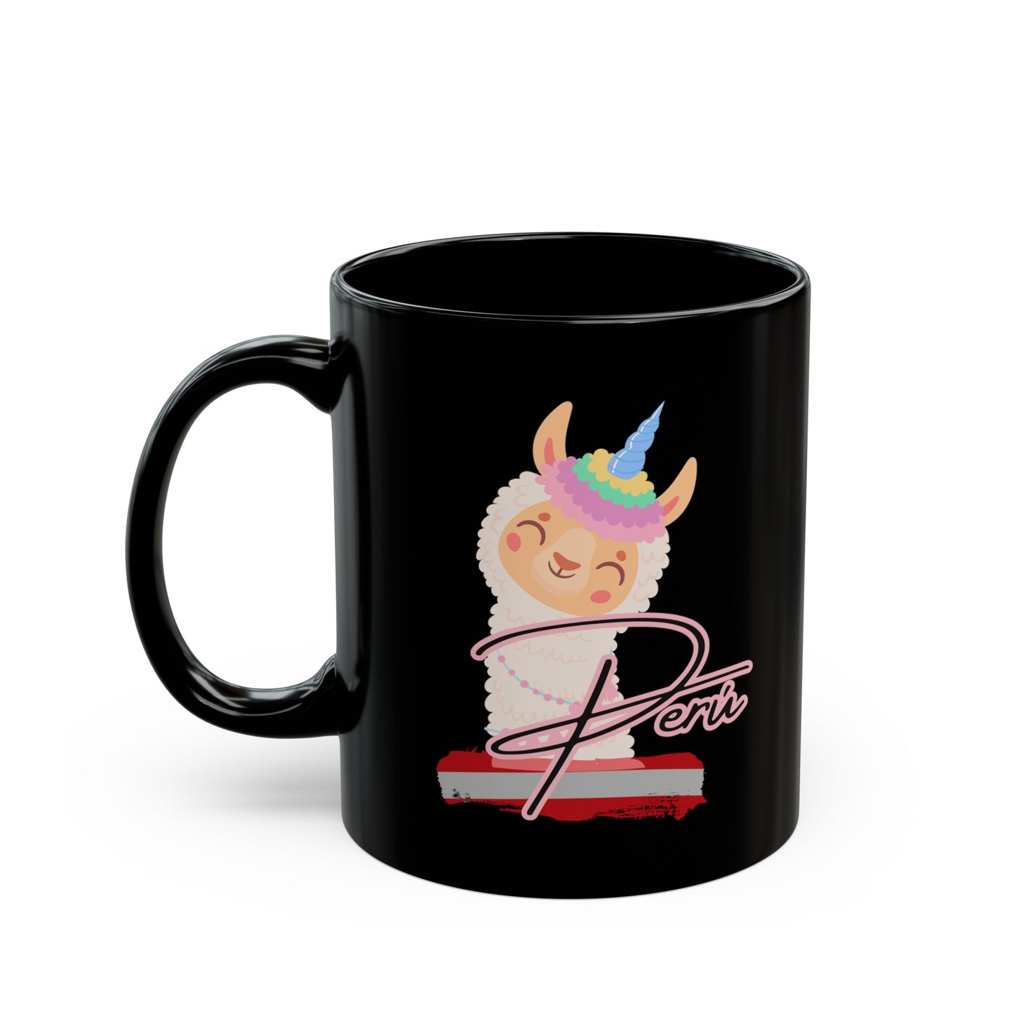 Best Peruvian Coffee Black Mug (11oz, 15oz) "Llama Rainbow"