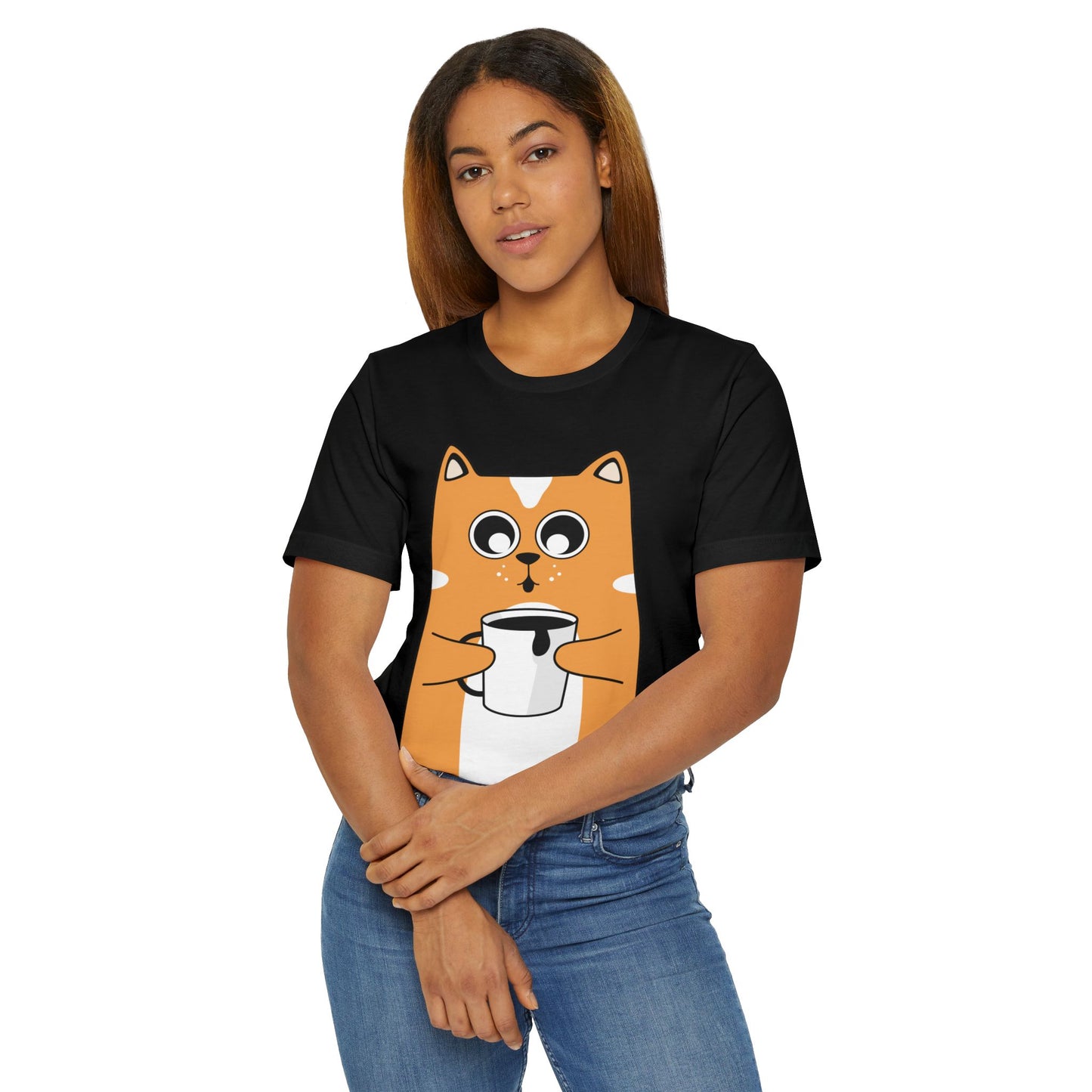 Coffee Cat T-Shirt – Cute Cartoon Cat with Coffee Cup Graphic Tee for Coffee Lovers (USA Only)