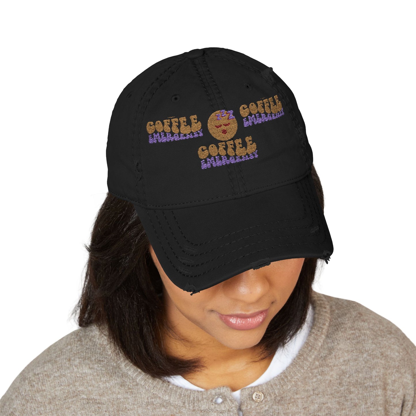 Coffee Emergency Distressed Dad Hat – Tired Emoji Style (USA Only)
