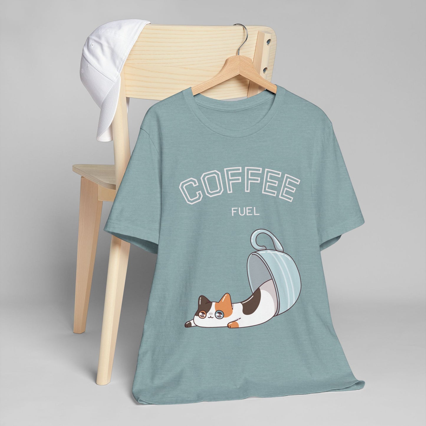 Coffee Fuel Cat T-Shirt – Cute Coffee Cup Kitty Graphic Tee for Coffee Lovers (USA Only)