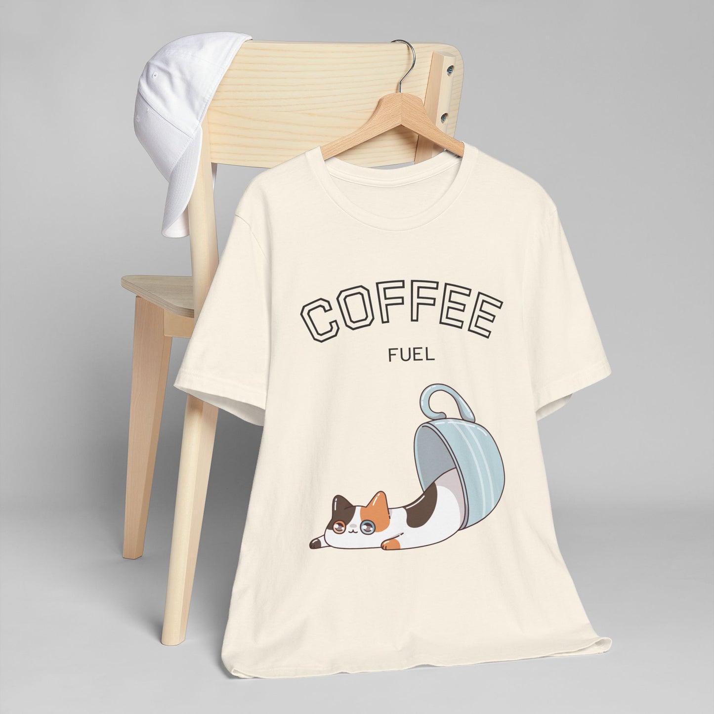 Coffee Fuel Cat T-Shirt – Cute Coffee Cup Kitty Graphic Tee for Coffee Lovers (USA Only)