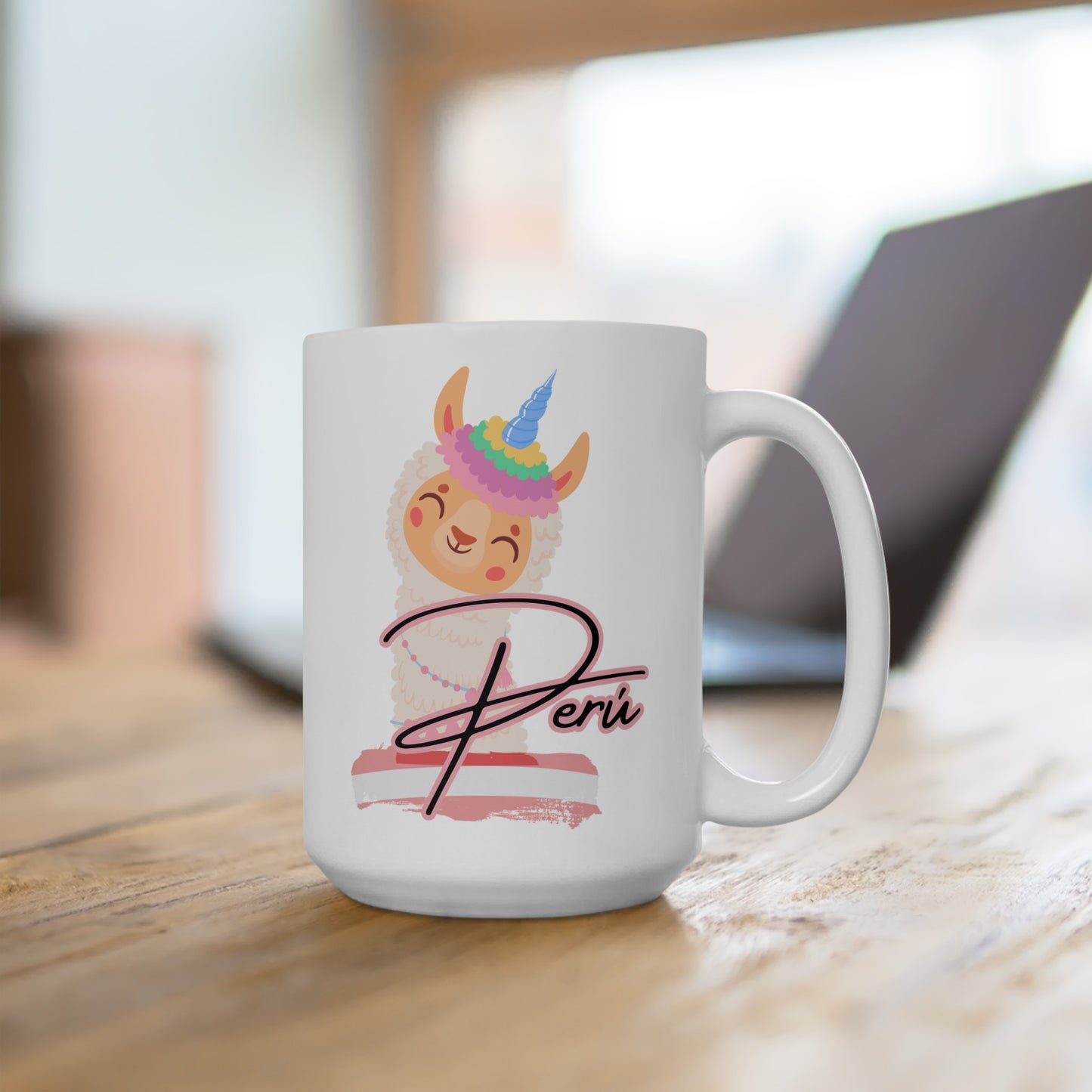 Best Peruvian Ceramic Coffee Mug, (11oz, 15oz) "Lama Rainbow"