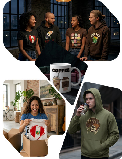 Original art prints, coffee merch and Peruvian pride t-shirts and hoodies in the USA — shop PrintsByFlor for unique coffee and Peruvian gifts shipped only within the USA